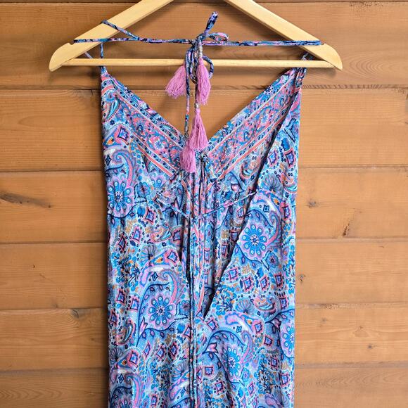 OPC Silk Dress Maxi Beach Paisley Open Back Tie Neck Summer Flowy Tassle Boho - Picture 4 of 6